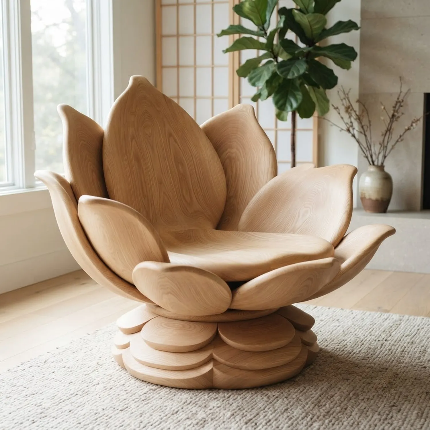 Wood Lotus Bloom Chair Natural Home Style Unique Artisan Design