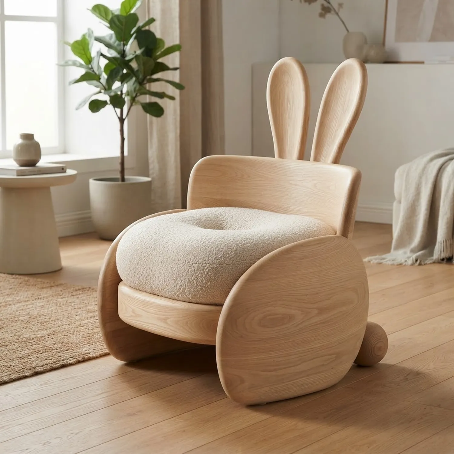 Wood Bunny Puff Chair Whimsical Animal Character Children Room Accent