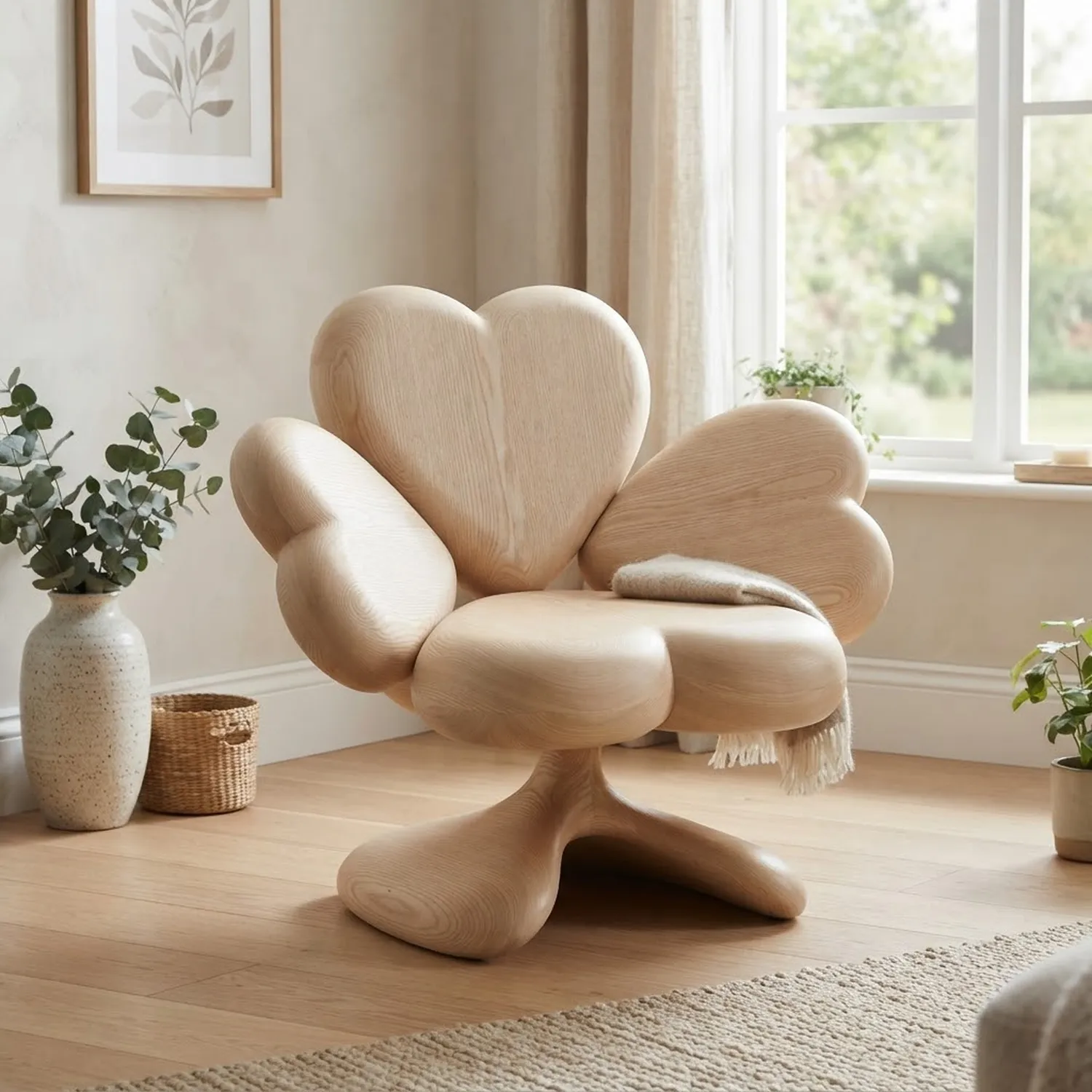 Wood Clover Hug Chair Cozy Botanical Leaf Theme Living Room Decor