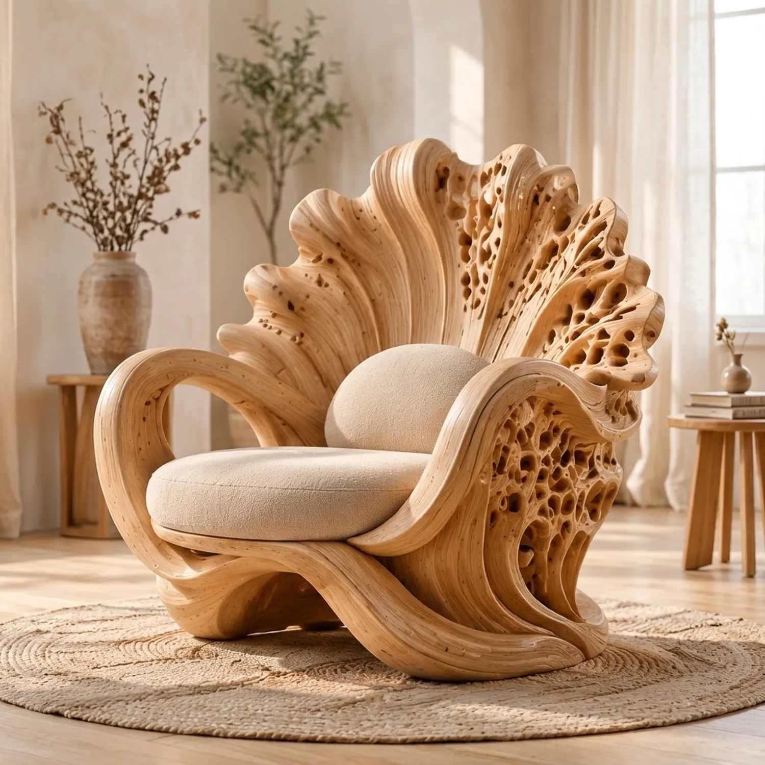 Wood Coral Wave Chair Oceanic Marine Life Modern Aesthetic Decor