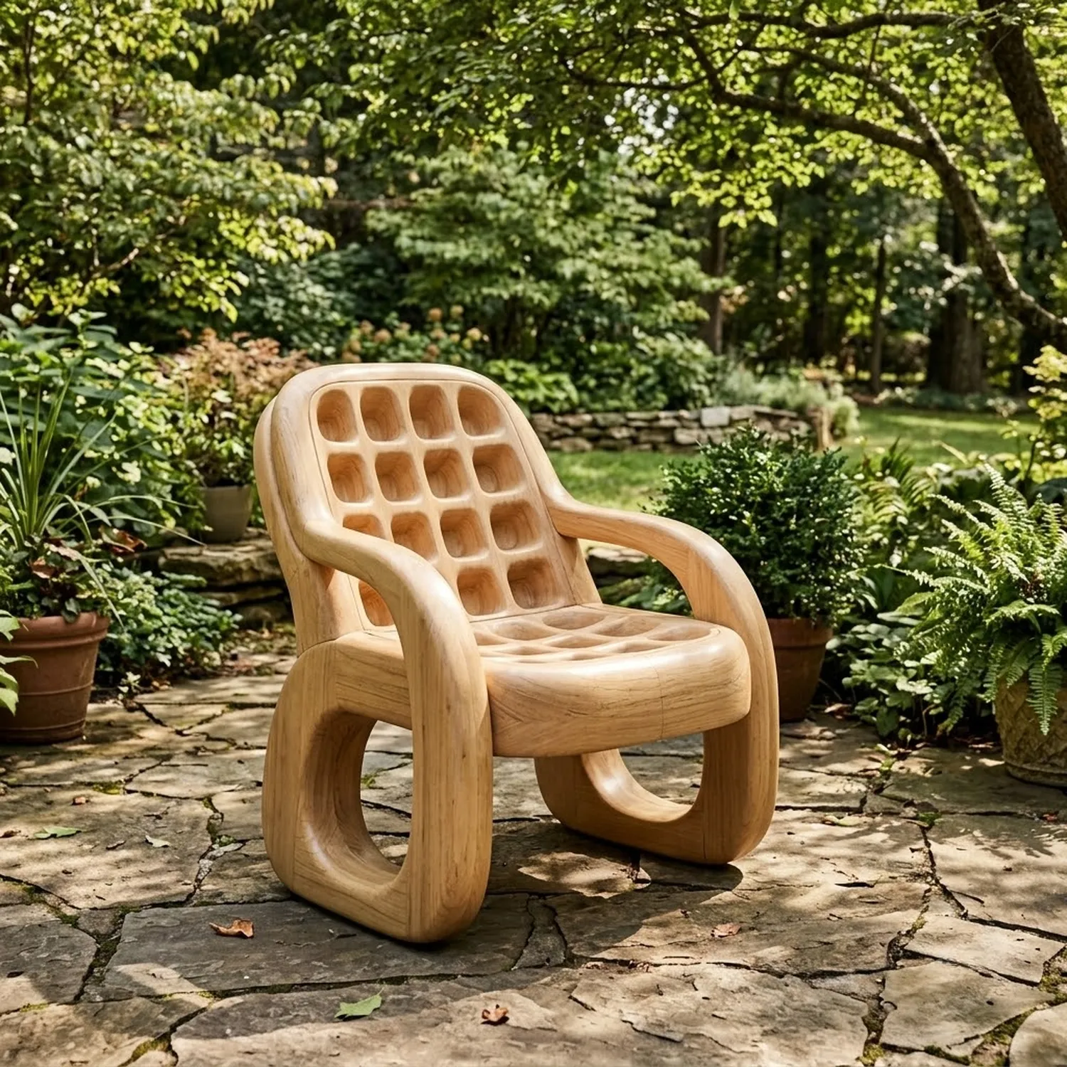 Wood Waffle Grid Chair Contemporary Architectural Geometric Flow Accent