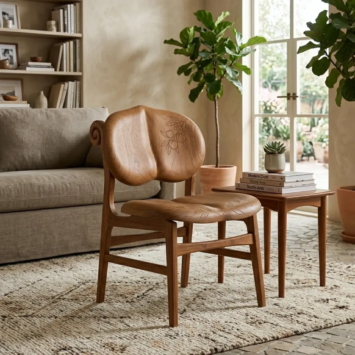 Wooden Peachwood Pattern Chair Elegant Botanical Silhouette Accent Seating