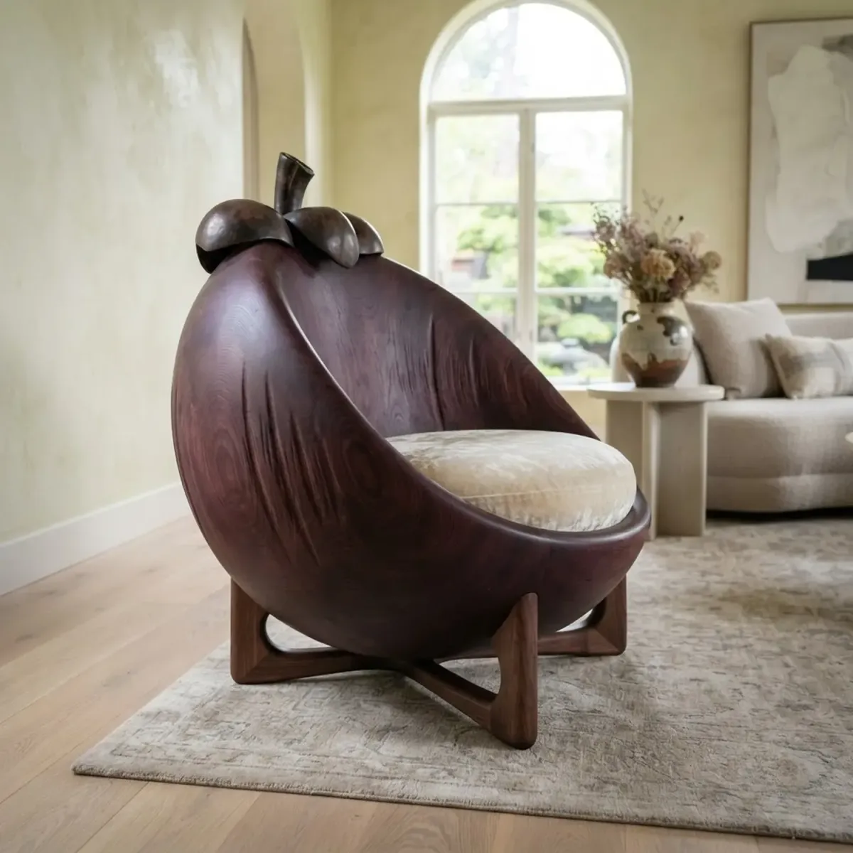 Wooden Mangosteen Shaped Chair Exotic Fruit Silhouette Artistic Accent Seating