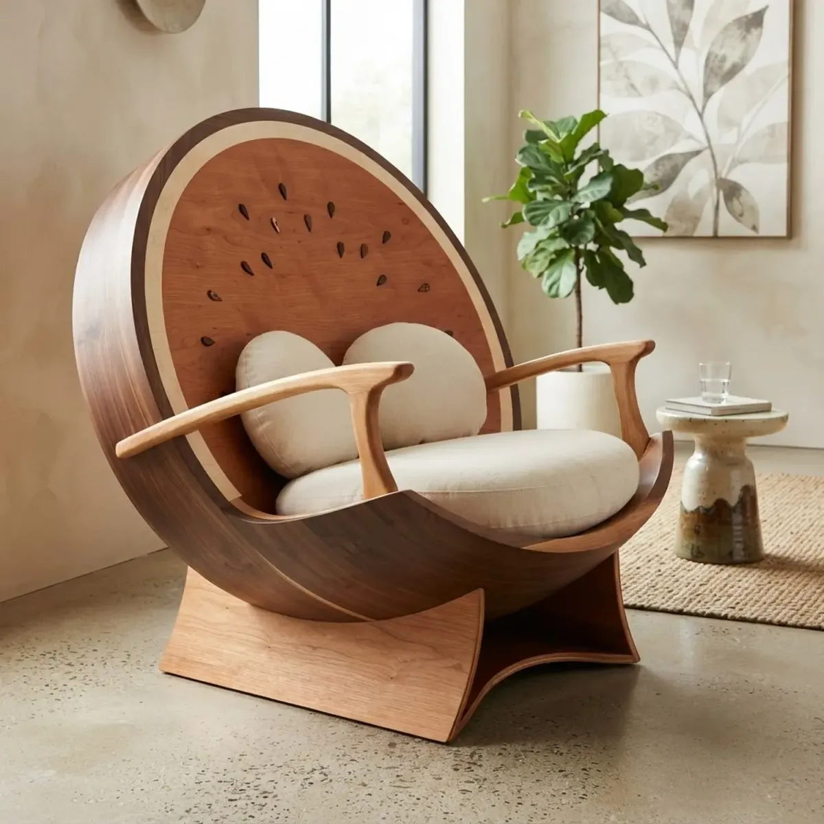 Wooden Watermelon Slice Sculptural Chair Whimsical Fruit Shape Modern Accent Chair
