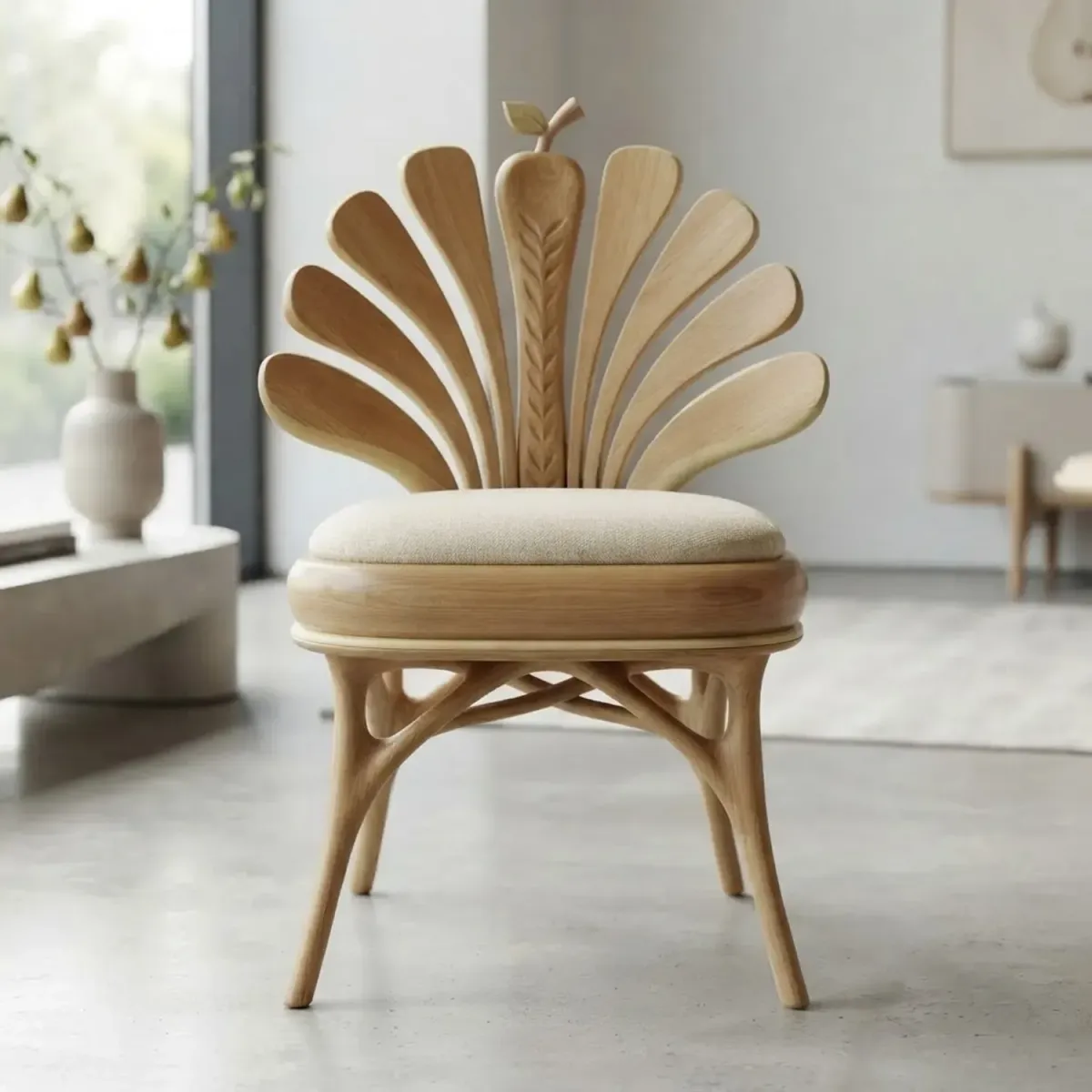 Wooden Pear Blossom Chair Spring Floral Silhouette Artistic Living Room Seating
