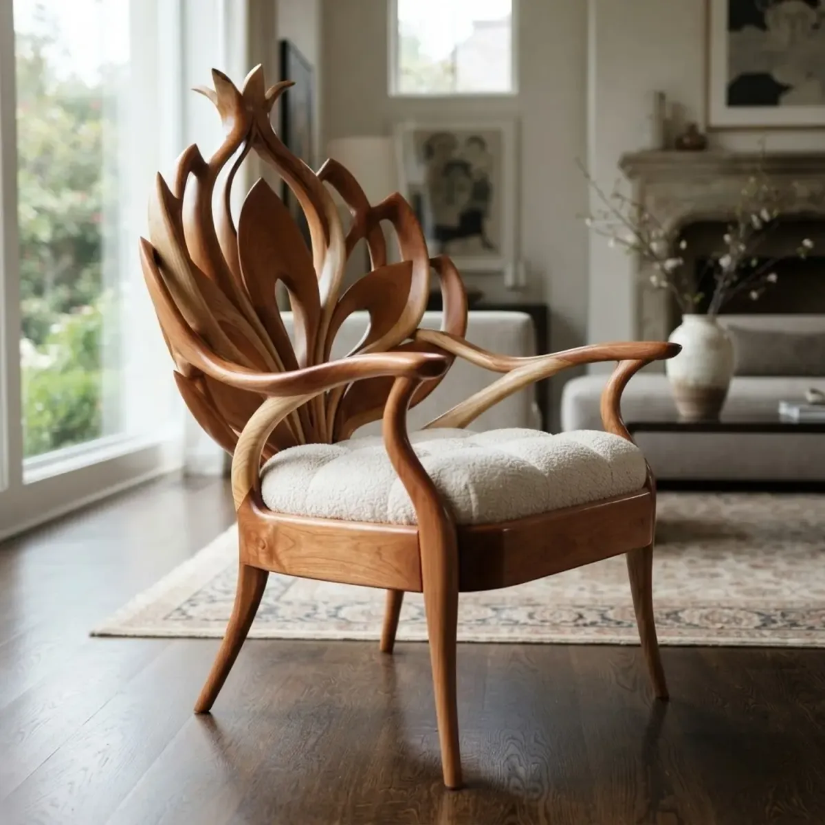 Wooden Pomegranate Blossom Chair Floral Motif Whimsical Accent Armchair