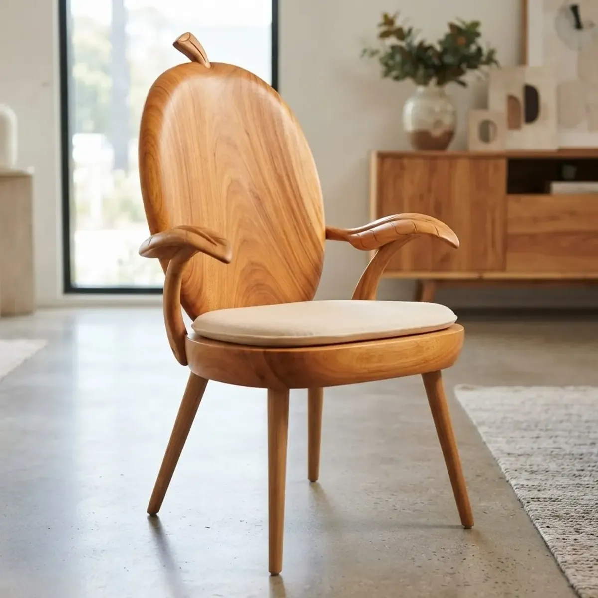 Wooden Mango Shaped Chair Tropical Fruit Silhouette Decorative Accent Chair