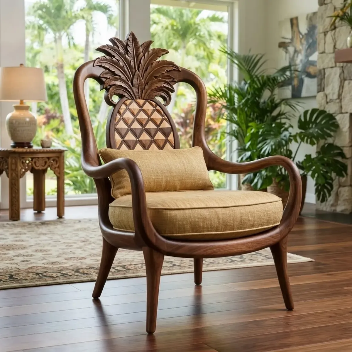 Wooden Pineapple Leaf Inlay Chair Tropical Nature Inspired Unique Wooden Seating
