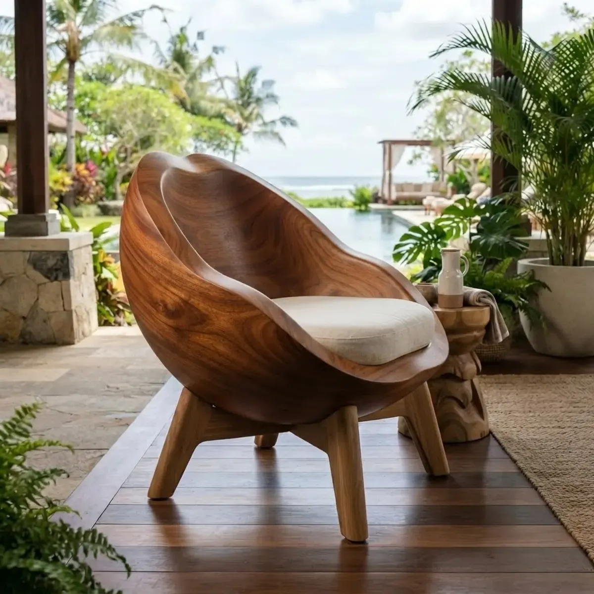Wooden Coconut Shell Chair Tropical Nature Inspired Unique Wooden Seating