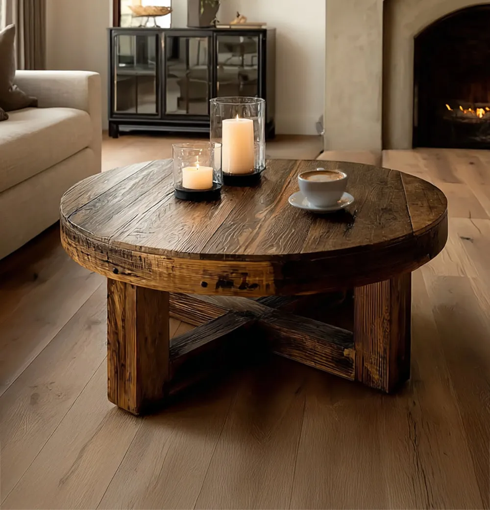 Round Oak Coffee Table Reclaimed Wood Organic Modern