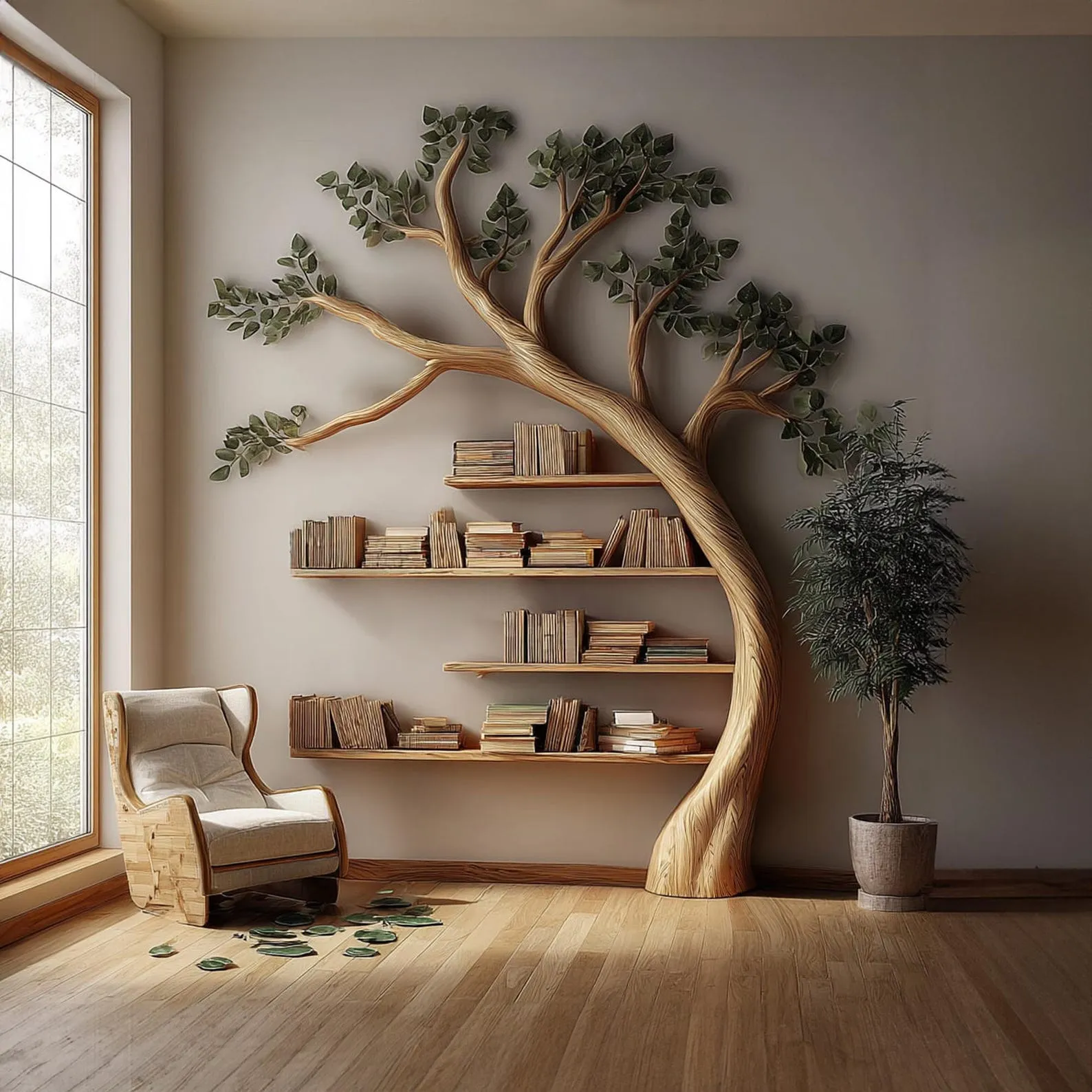 Natural Wood Tree Shaped Floor Bookshelf Vintage Standing Bookcase For Home Decor