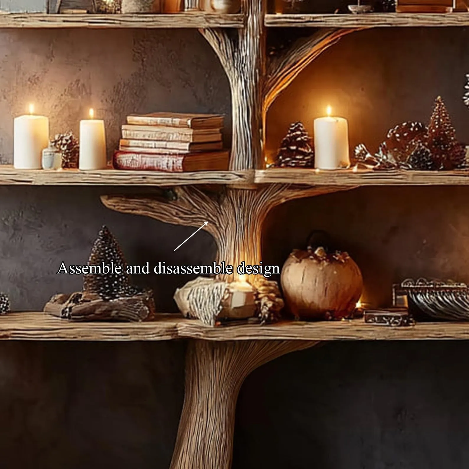 Rustic Tree Shaped Floating Bookshelf Wooden Wall Shelves For Nursery And Living Room - Image 4