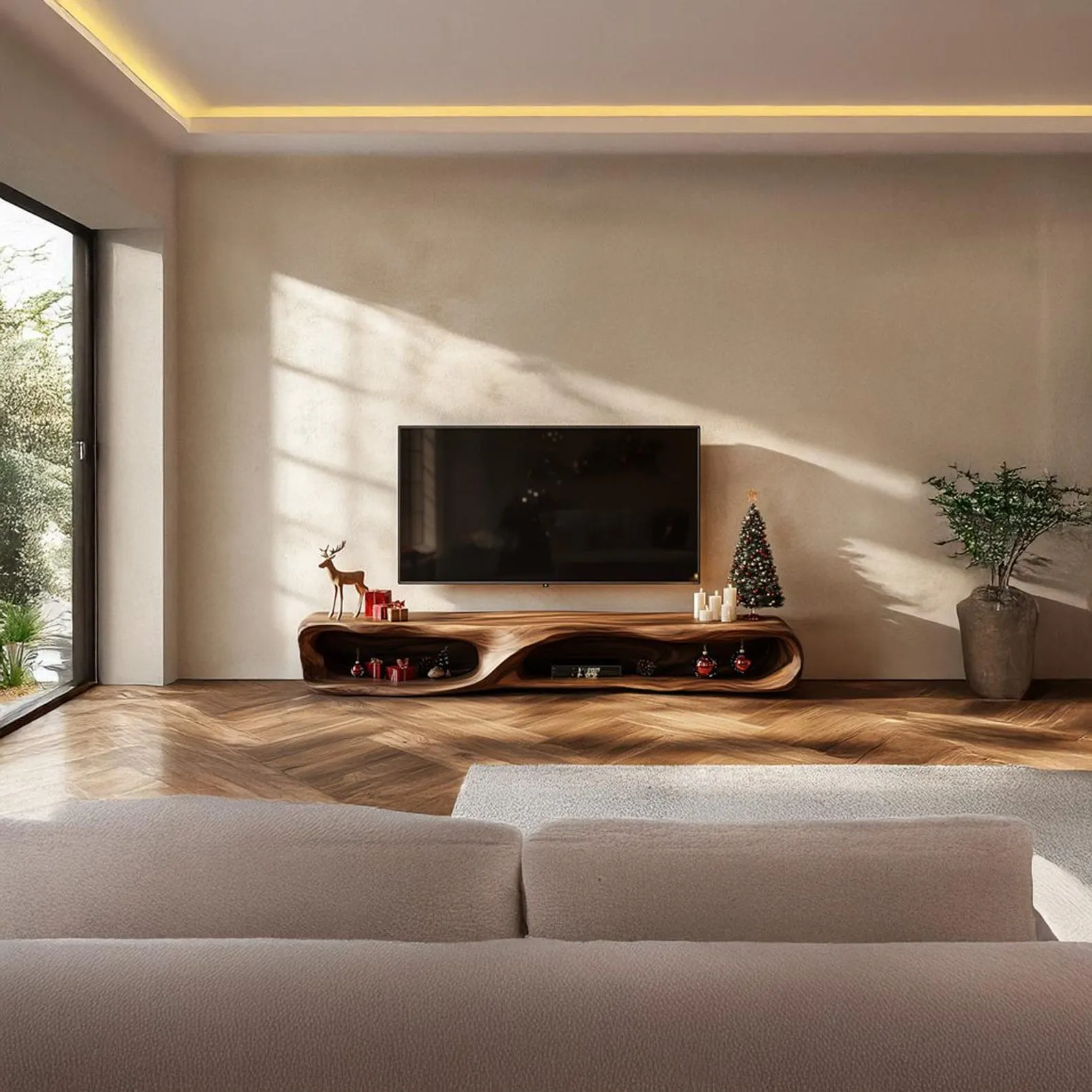 Modern Solid Wood TV Cabinet Low Media Console With Storage For Living Room