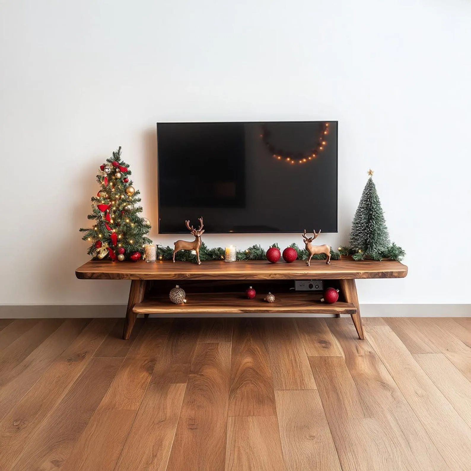 Solid Wood TV Stand Modern Media Console With Storage Shelves And Cabinet