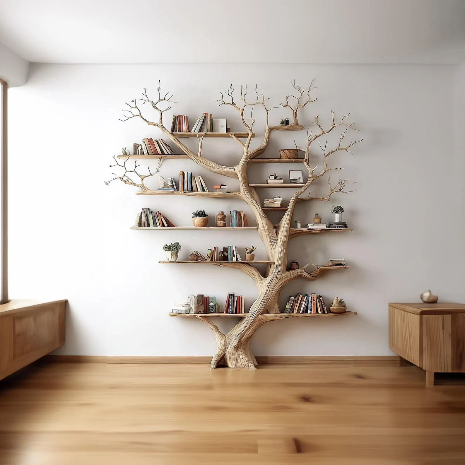 Solid Wood Tree Bookshelf Rustic Standing Bookcase For Office And Home Decor