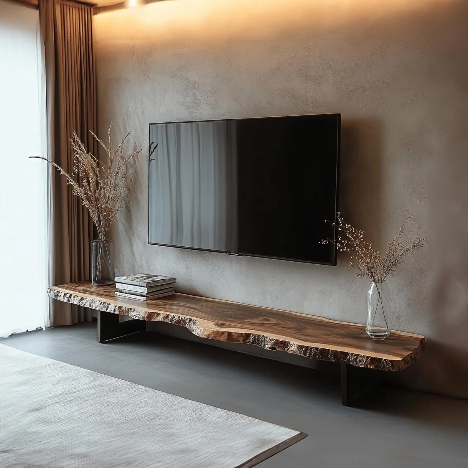 Rustic Live Edge Walnut TV Stand Floating Wood Media Console With Bench Style Shelf