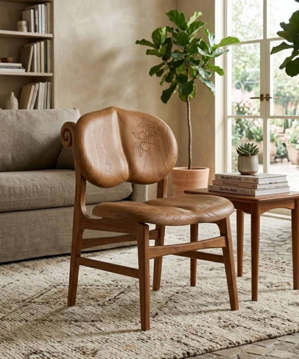 Wooden Peachwood Pattern Chair Elegant Botanical Silhouette Accent Seating